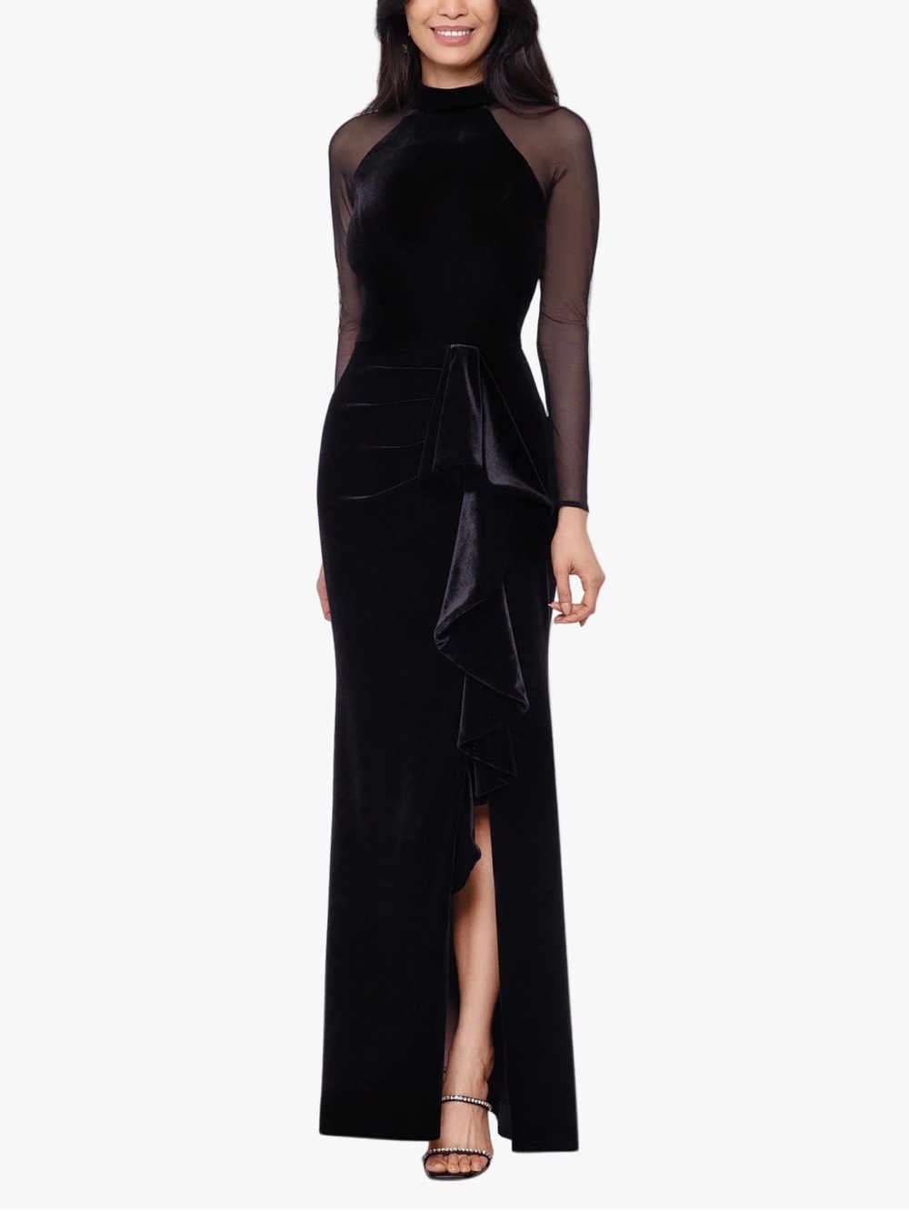 Betsy & Adam Size 4 Petite NWOT Valentina Velvet Ruffle Mesh Illusion Sleeve Gow